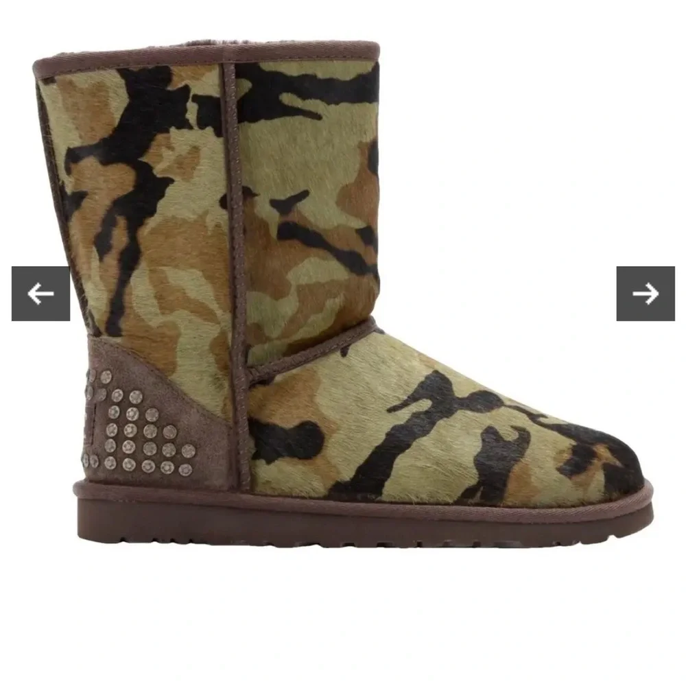 UGG ROWLAND CAMO CALF HAIR LEATHER SHEEPSKIN STUDDED BOOTS WOMEN SIZE 8 RARE HTF